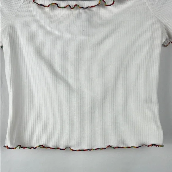 love, Fire White Rainbow Ruffled Off Shoulder Crop Top - Picture 4 of 15